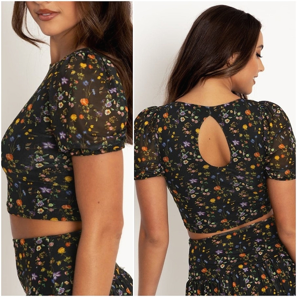 Blackmilk Wild Fields Puff Sleeve Black Floral Mesh Fairycore Crop Top XXL